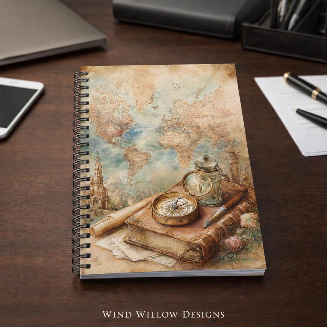 Vintage World Map Compass Notebook | Spiral Ruled Journal - Etsy