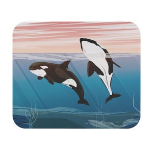 May include: Illustration of two orcas swimming underwater. The orcas are black and white, with one positioned upright and the other angled. The background features a blue ocean with light rays and a pink and orange sky.