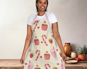 Candy Shop Apron, Strawberry Milkshake Apron, Cupcake Candy Cane Apron 5-Color Straps, Gift for Baker