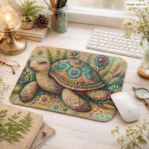 Speelse muismat met bloemen en schildpad | Kleurrijke mandala-muismat met zeeschildpad