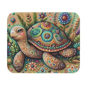 May include: A colorful, whimsical illustration of a smiling turtle with an ornate shell. The turtle is surrounded by flowers and foliage in shades of green, blue, orange, and brown. The design has a folk art style.