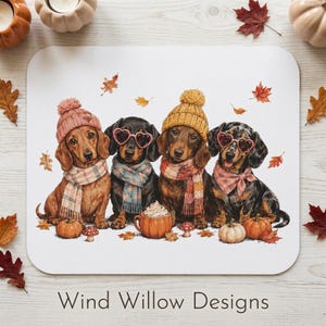 Dachshund Puppies in Scarves and Hats Mouse Pad | Autumn Pumpkin Leaves