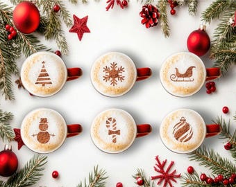 Plantillas navideñas para café. Plantillas para café con leche y arte festivo. Diversas opciones de diseño. Grupo 3