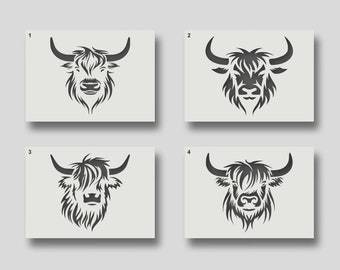 Highland Cow Stencils - Reusable Stencils for Wall Art, Home Décor, Stencil Painting, Arts & Crafts. Various design and size options.