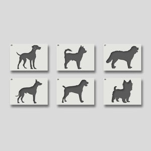 May include: Six dark grey dog silhouettes on individual light grey rectangular backgrounds. Each dog is in a different pose, with numbers 25 to 30 in the lower left corner of each rectangle. The dogs are various breeds.