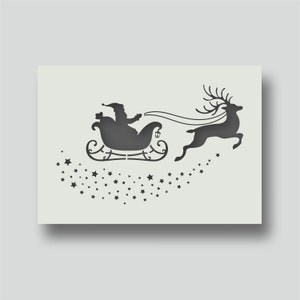 Stencil natalizio con slitta di Babbo Natale e renne per biglietti d'auguri, decorazioni natalizie, tessuti e decorazioni natalizie per la casa. Disponibili in diverse dimensioni.