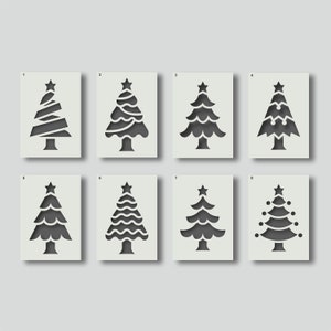 Puede incluir: Ocho plantillas diferentes de árboles de Navidad, numeradas del 1 al 8, sobre un fondo blanco. Cada plantilla es una silueta negra de un árbol de Navidad con una estrella en la parte superior. Los árboles tienen diferentes diseños, que incluyen líneas onduladas, círculos y adornos.