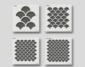 May include: Four different sizes of a black and white geometric pattern stencil. The stencil is shaped like overlapping half circles, resembling fish scales. The sizes are labeled "Large", "Medium", "Small", and "Extra Small".