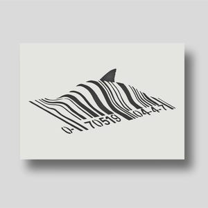 Peut inclure: Une impression d'art minimaliste avec un motif de code-barres noir et blanc. Le code-barres est stylisé pour ressembler à des vagues océaniques, avec un aileron de requin émergeant du haut. Le code-barres comprend les chiffres 0-70519-04-4-7.