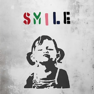 Banksy Smile Girl Stencil - Banksy wall art - Banksy home decor. Various size options available A6, A5, A4, A3, A2.