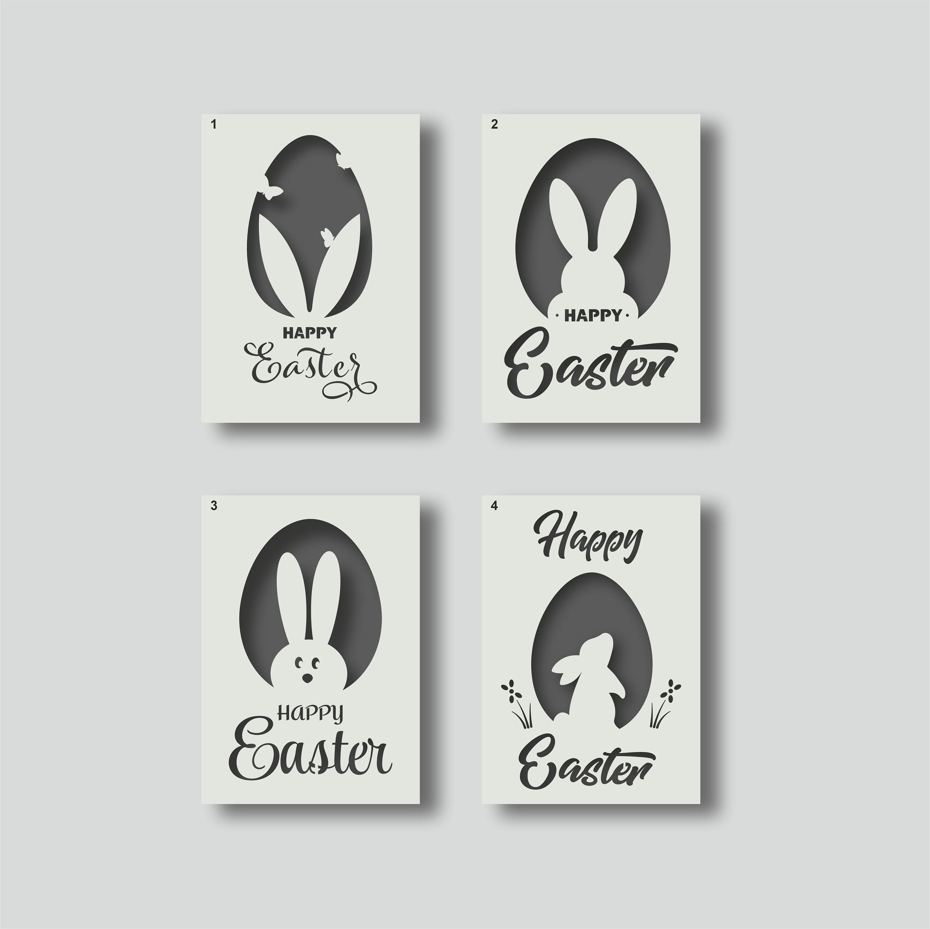 com-four® 2 herbruikbare paas sjablonen, motief konijn, ei en teksten, creatieve mallen voor papier, raam, hout, DIY decoratie [varieert] (Transparant