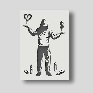 Banksy Love Or Money Stencil for Wall art, Home decor, DIY Graffiti.  Various size options available A6, A5, A4, A3, A2