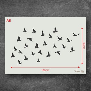 May include: A6 size stencil featuring a flock of birds in flight. The stencil is 126mm wide and 68mm high. The stencil is made of durable plastic and is reusable.