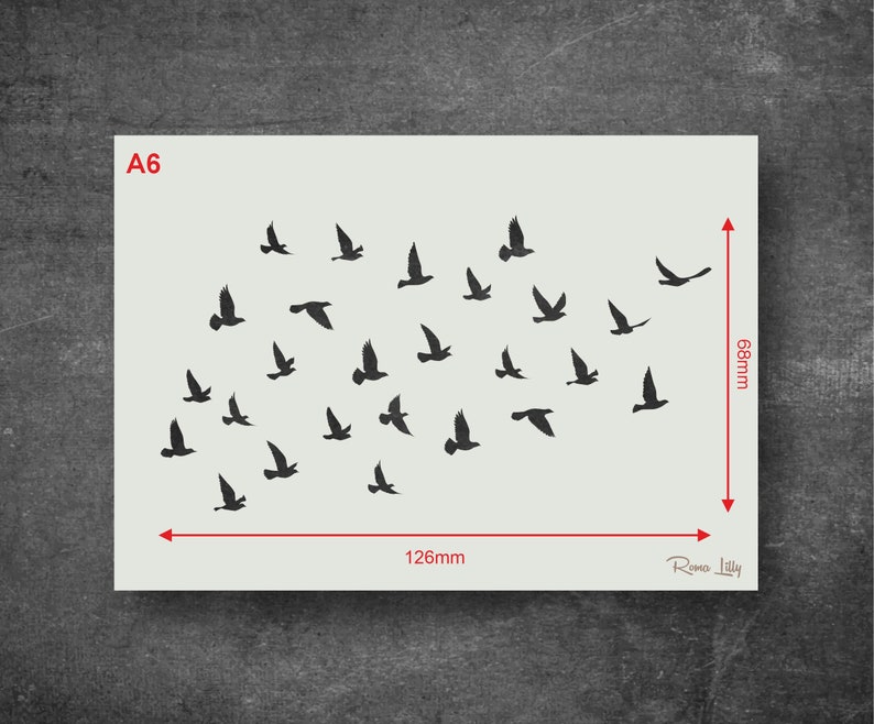 May include: A6 size stencil featuring a flock of birds in flight. The stencil is 126mm wide and 68mm high. The stencil is made of durable plastic and is reusable.