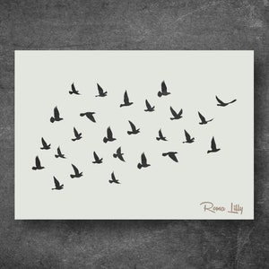 May include: A black and white illustration of a flock of birds flying in a loose formation. The birds are all facing the same direction and are flying in a V-shape. The illustration is on a white background. The text "Roma Lilly" is in the bottom right corner.