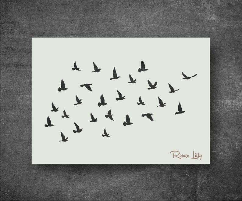 May include: A black and white illustration of a flock of birds flying in a loose formation. The birds are all facing the same direction and are flying in a V-shape. The illustration is on a white background. The text "Roma Lilly" is in the bottom right corner.