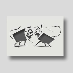 May include: A black and white stencil art print depicting two stylised bull figures. The bulls have geometric bodies and curved tails. The background is a light grey colour, with a shadow effect.