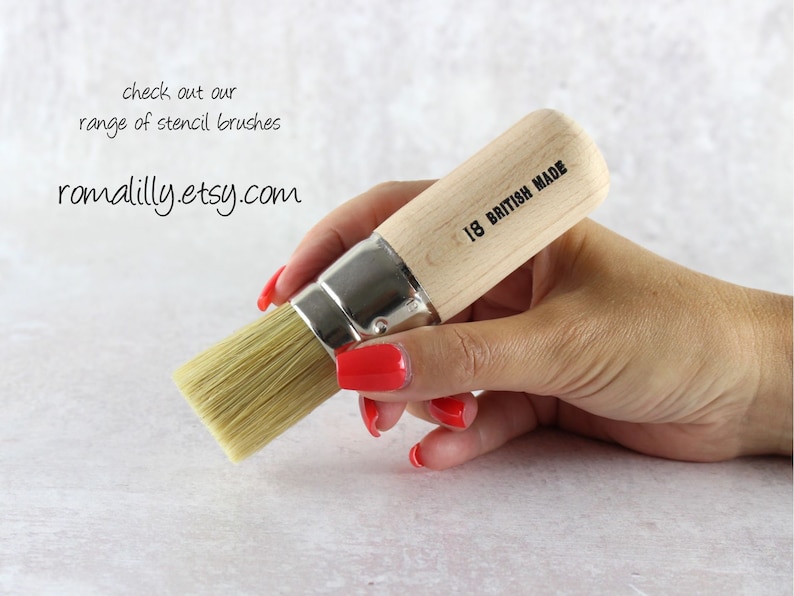 May include: A close-up of a small, wooden-handled stencil brush with natural bristles. The handle is labeled "1/8 British Made".