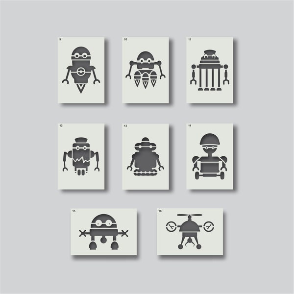 Robot Stencils for kid's bedroom wall decoration, home decor, arts and craft projects. Various size and design options available. Group 2