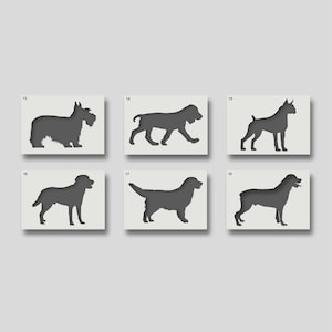 Puede incluir: Seis imágenes en silueta negra y blanca de diferentes razas de perros. Las imágenes están numeradas del 13 al 18.