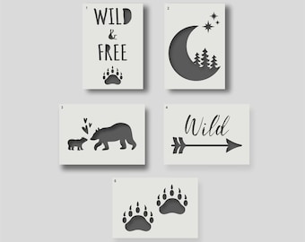 Scandi wall art stencils for Nursery Walls, Fabrics & Furniture, Home Decor, and Craft Stencils. Various design and size options. Group 1
