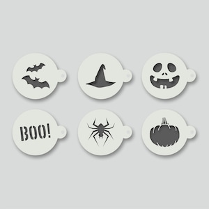 Halloween Coffee Stencils: Bat, Witch, Spider Designs. Group 1
