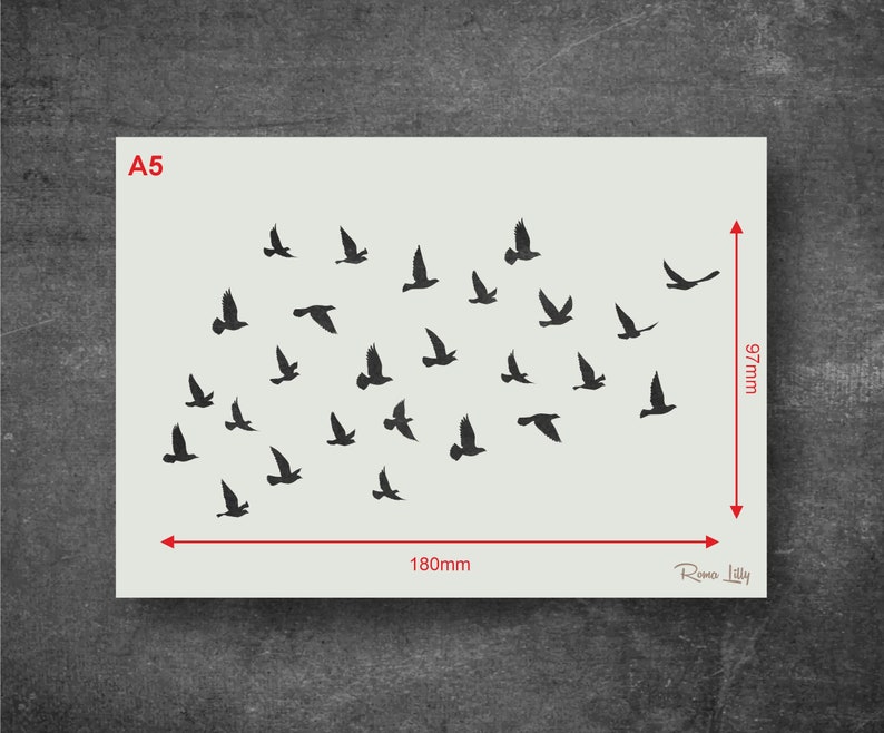May include: A5 size stencil featuring a flock of birds in flight. The stencil is 180mm wide and 97mm tall. The stencil is made of a durable material and is perfect for creating beautiful wall art.