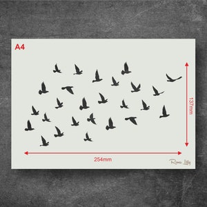 May include: A4-sized stencil featuring a flock of birds in flight. The stencil is 254 mm wide and 137 mm high. The design is simple and elegant, perfect for adding a touch of nature to any project.