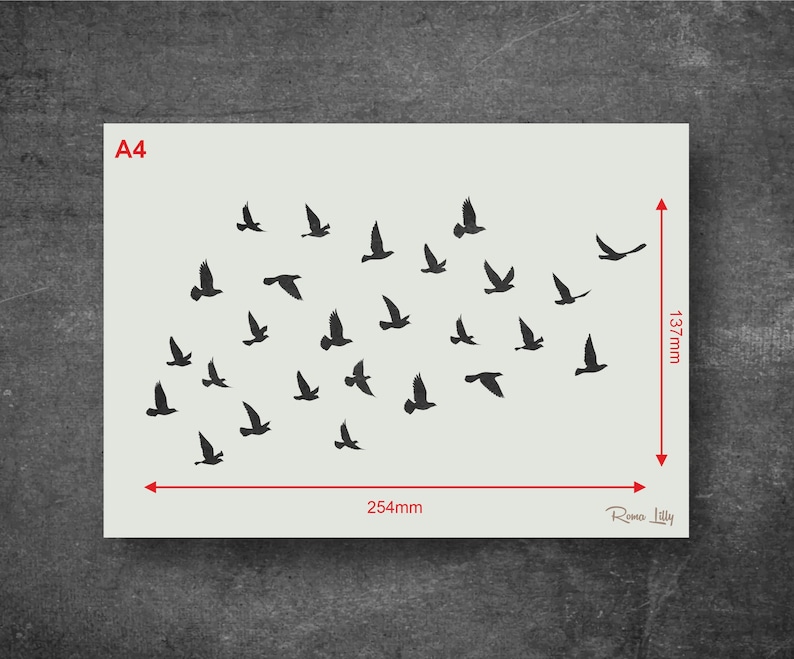 May include: A4-sized stencil featuring a flock of birds in flight. The stencil is 254 mm wide and 137 mm high. The design is simple and elegant, perfect for adding a touch of nature to any project.