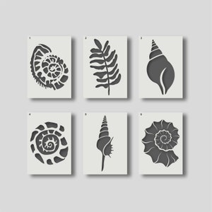 May include: Six different stencils for crafting projects. The stencils feature a variety of sea-inspired designs, including seashells, a fern, and a spiral shell.