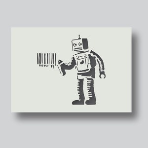 Pochoir robot Banksy pour les projets d'art mural et de pochoir décoratif Banksy. Différentes options de taille disponibles A6, A5, A4, A3, A2
