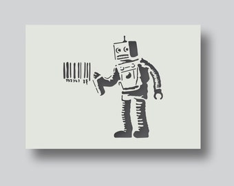 Plantilla de robot Banksy para proyectos de arte mural y decoración con plantillas de Banksy. Disponible en varios tamaños: A6, A5, A4, A3 y A2.