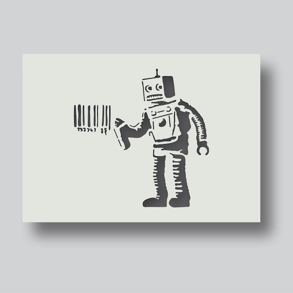 Banksy Robot Stencil for Banksy wall art and decorative stencil projects. Various size options available A6, A5, A4, A3, A2