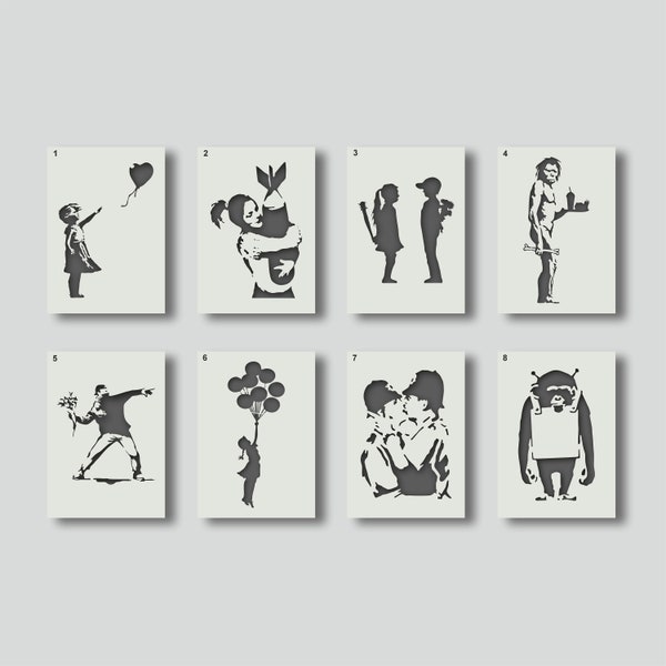 Banksy Schablonen für Banksy Wandkunst und dekorative Schablonenprojekte. Verschiedene Stil- und Größenoptionen verfügbar A6, A5, A4, A3, A2, Set 1