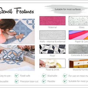 May include: A stencil features a geometric pattern with a blue and white color scheme. The stencil is reusable, food-safe, washable, and flexible. It is suitable for use on most materials and paints. The image shows a person using the stencil to paint a floor.