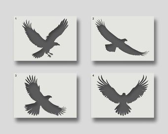 Könnte beinhalten: Vier schwarze Silhouettenbilder von Adlern in verschiedenen Posen. Der erste Adler fliegt mit ausgebreiteten Flügeln. Der zweite Adler fliegt mit ausgebreiteten Flügeln und dem Kopf zur Seite gedreht. Der dritte Adler fliegt mit ausgebreiteten Flügeln und dem Kopf zur Seite gedreht. Der vierte Adler fliegt mit ausgebreiteten Flügeln und dem Kopf zur Seite gedreht.