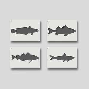 Estênceis de Peixes Marinhos: Bacalhau, Pescada, Robalo, Sardinha - Decoração para Casa, Arte de Parede (A6-A2). GRUPO 2
