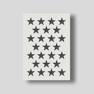May include: A white sheet of paper with a pattern of 25 black stars.