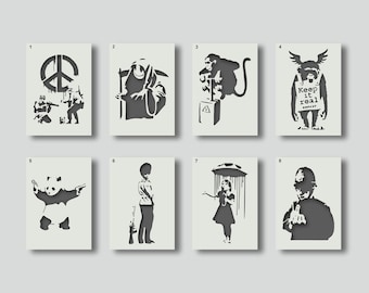 Banksy Stencils for banksy wall art and decorative stencil projects. Various style and size options available A6, A5, A4, A3, A2, Set 2