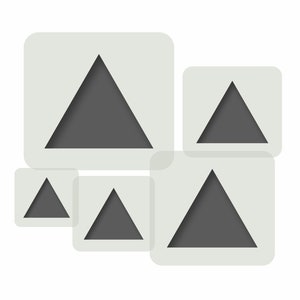 May include: Five grey triangles of different sizes are layered on top of each other, creating a visual effect of depth and dimension.