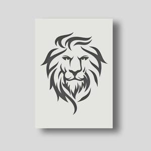 May include: A dark grey lion's head illustration on a light grey background. The design features a stylized mane and facial details, rendered with bold lines. The artwork is presented on a rectangular canvas, offering a striking visual impact.