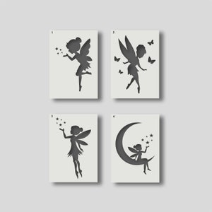 May include: Four different fairy stencils, each featuring a fairy with wings and a different pose. The first stencil shows a fairy blowing stars, the second shows a fairy with butterflies, the third shows a fairy blowing stars, and the fourth shows a fairy sitting on a crescent moon.