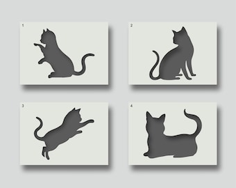 Könnte beinhalten: Vier schwarze Katzensilhouetten in verschiedenen Posen auf weißem Hintergrund. Die Katzensilhouetten sind von 1 bis 4 nummeriert.