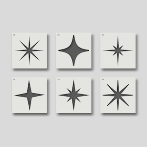 May include: Six different black starburst shapes on a white background. Each starburst is numbered 25 through 30.