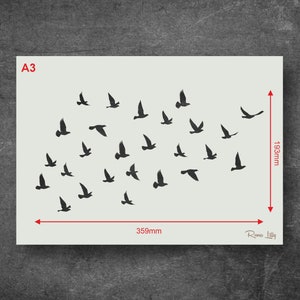 May include: A3 size stencil featuring a flock of birds in flight. The stencil is made of durable material and is perfect for creating unique wall art or crafts.