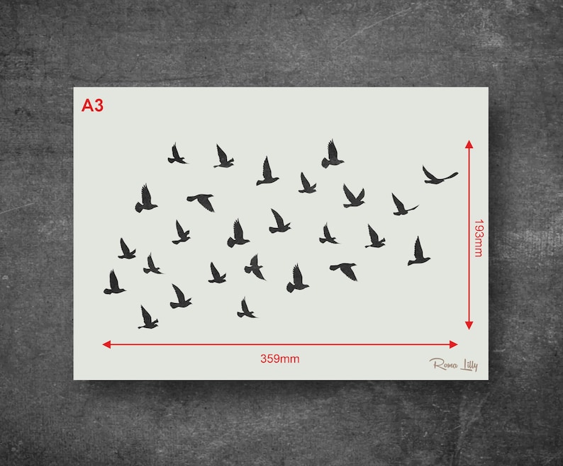 May include: A3 size stencil featuring a flock of birds in flight. The stencil is made of durable material and is perfect for creating unique wall art or crafts.