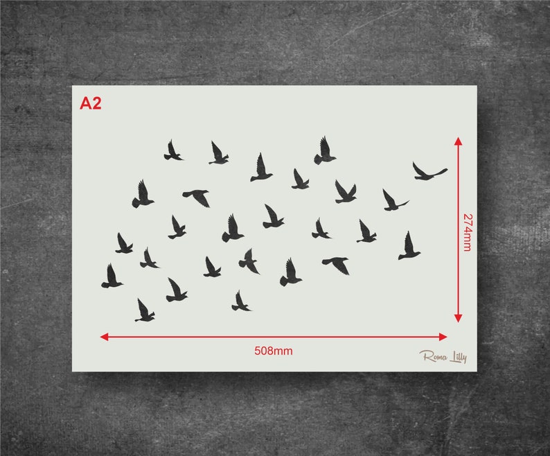 May include: A2 size stencil featuring a flock of birds in flight. The stencil is made of durable material and is perfect for creating unique wall art or home decor.
