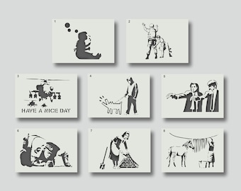 Plantillas de Banksy para crear arte mural y proyectos decorativos. Disponibles en varios estilos y tamaños: A6, A5, A4, A3, A2, Set de 3.