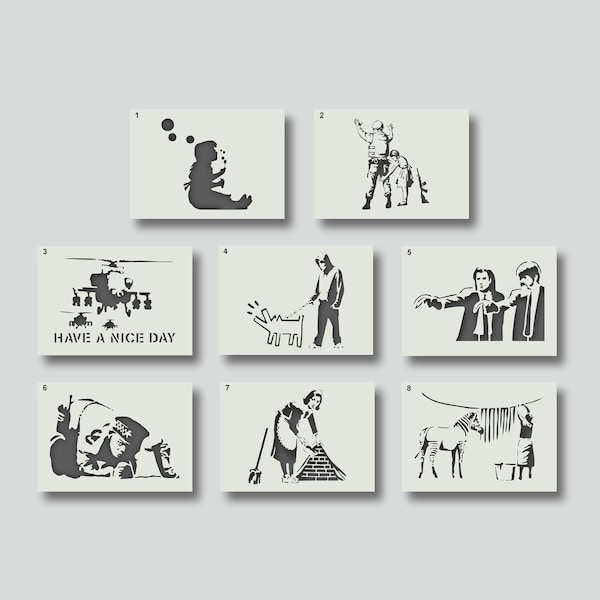 Pochoirs Banksy pour l'art mural Banksy et les projets de pochoirs décoratifs. Différentes options de style et de taille disponibles A6, A5, A4, A3, A2, Set 3