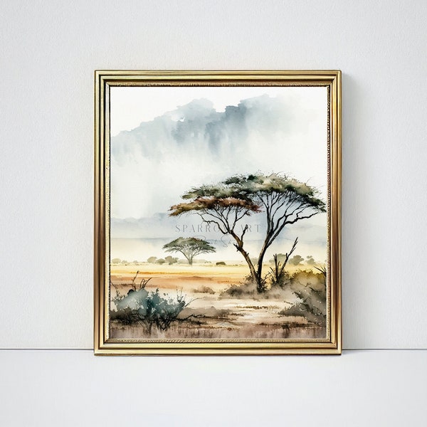 Étude des champs sauvages | Afrique Serengeti Peinture classique | Art mural imprimable paysage africain | Décoration d'intérieur aquarelle numérique numérique